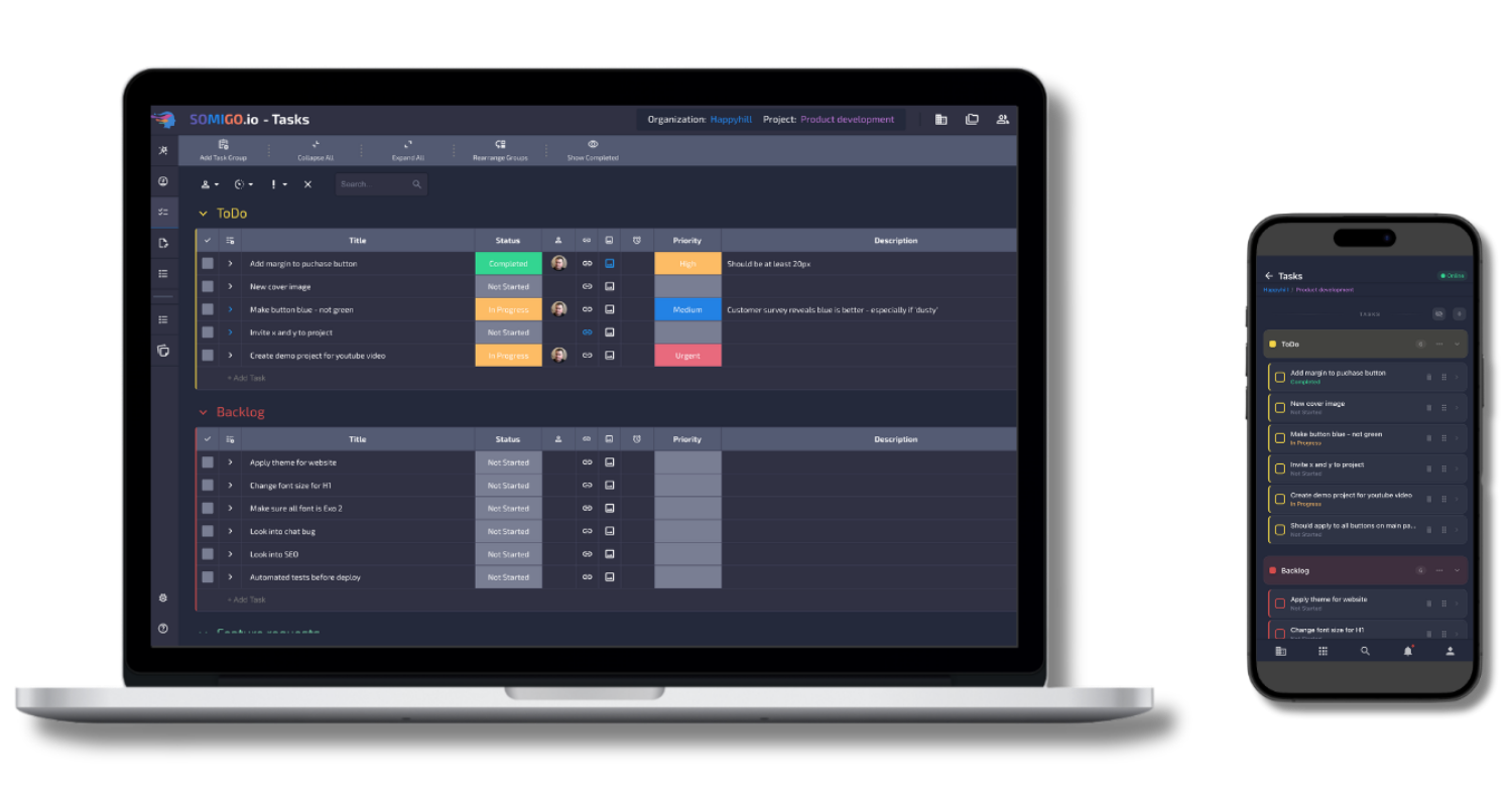 SOMIGO app on laptop and mobile showing task management interface